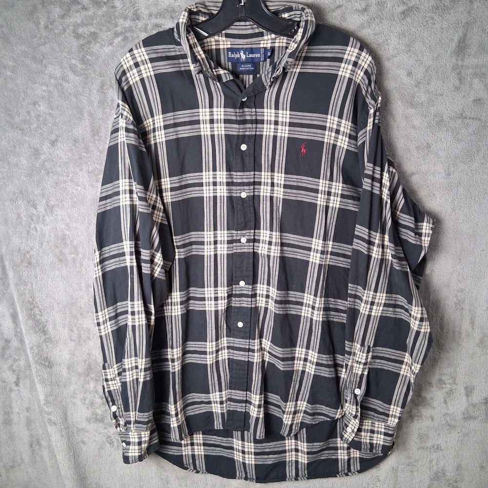 Ralph Lauren Blaire Mens XL Black White Plaid Cotton Button Down Shirt Pony Logo